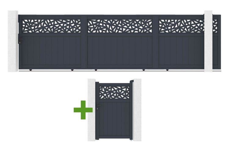 Set aus anthrazitfarbenem Schiebetor und Gartentür mit dekorativem geometrischem Muster oben und vertikalen Lamellen unten.