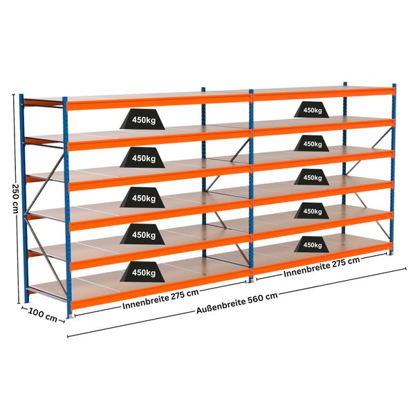 Regal mit sechs Ebenen und einer maximalen Traglast von 450 Kilogramm pro Ebene.