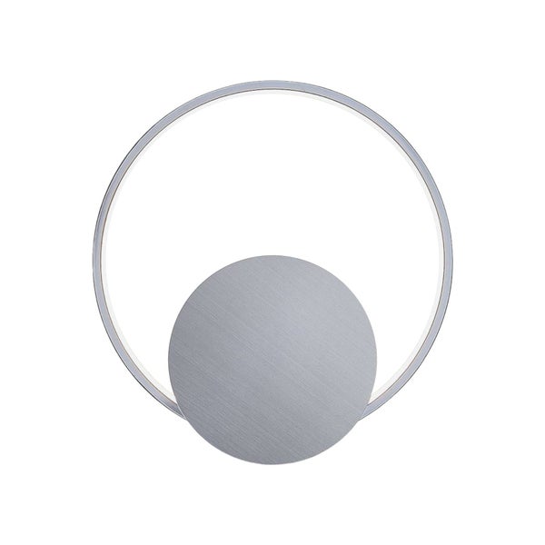 Moderne LED-Wandleuchte in Ringform mit kreisförmigem Sockel aus gebürstetem Metall.