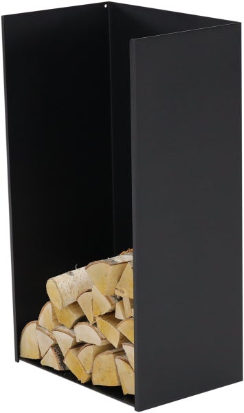 Brennholzregal aus Metall mit Holzscheiten