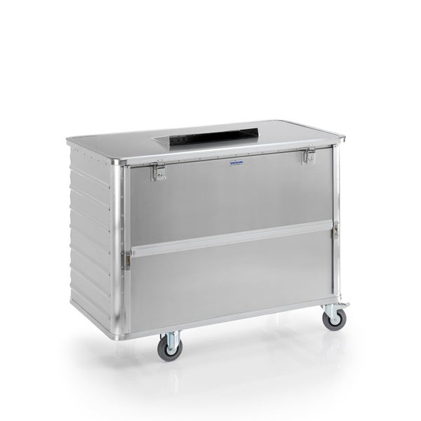Aluminium-Transportwagen mit Einwurfschlitz im Deckel und vier Rollen