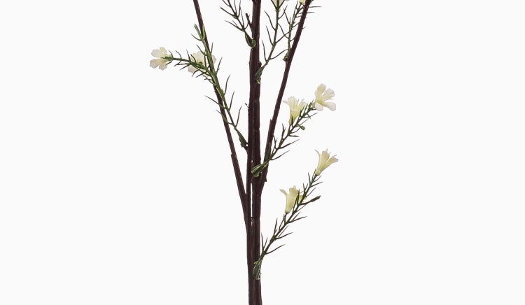 Künstlicher Zweig mit kleinen weißen Blüten und grünen nadelartigen Blättern