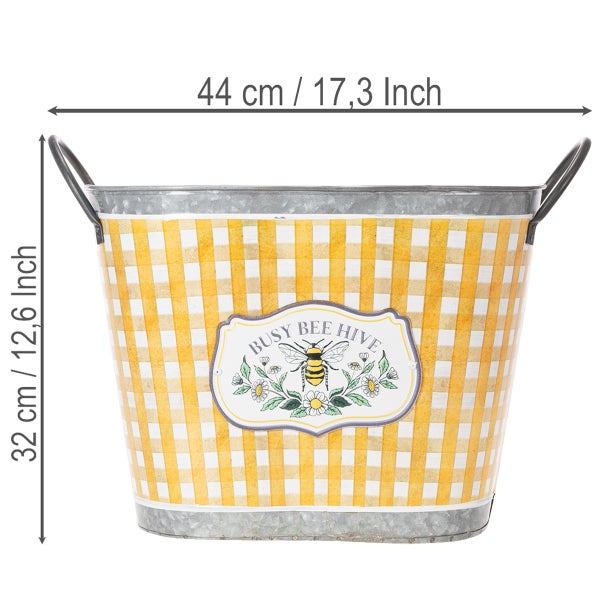 Verzinkter Metalleimer mit gelbem Karomuster, Bienen-Motiv Busy Bee Hive und Griffen. Maße 44 Zentimeter mal 32 Zentimeter.