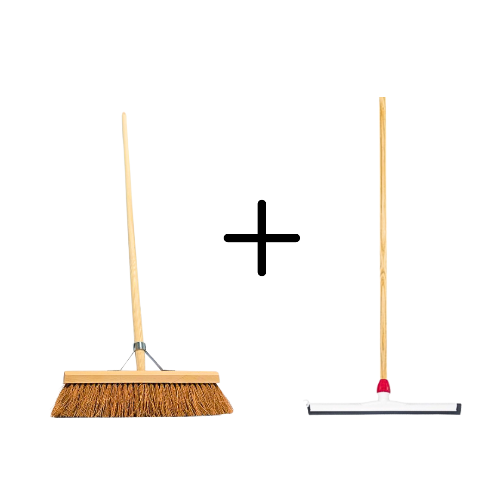 Set bestehend aus einem Straßenbesen mit Holzstiel und einem Wasserschieber mit Holzstiel.