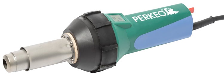 PERKEO Heißluft-Schweißgerät mit Digitalanzeige, Metalldüse und Kunststoffgriff.
