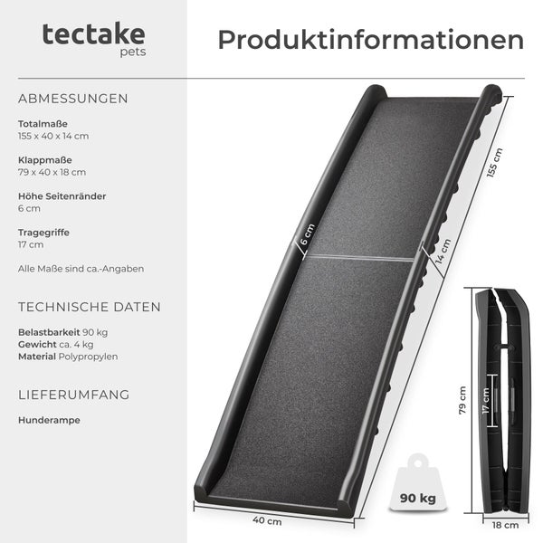 tectake Logo Hunderampe aus Polypropylen mit Abmessungen, Belastbarkeit von 90 Kilogramm und Darstellung im zusammengeklappten Zustand.