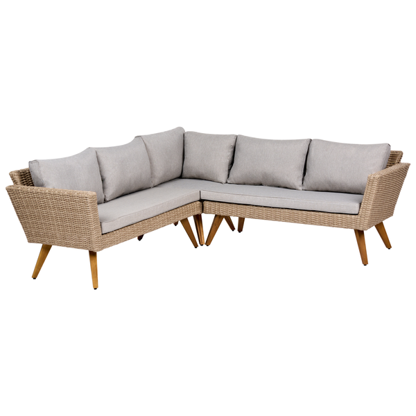 Eck-Lounge-Sofa aus Polyrattan mit hellgrauen Polstern und Holzfüßen.