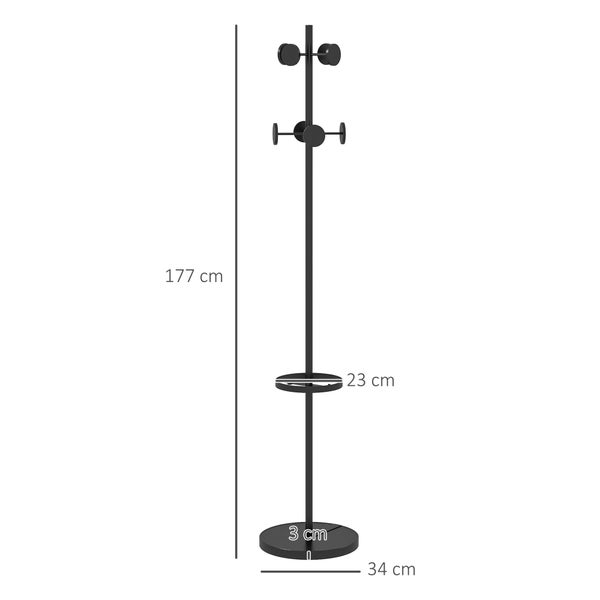 HOMCOM Garderobenständer, Kleiderständer, Garderobe mit 8 Haken, Standgarderob für Hüte, Kleidung, Eingang, Flur, Metall, Walnuss, 34 x 34 x 177cm