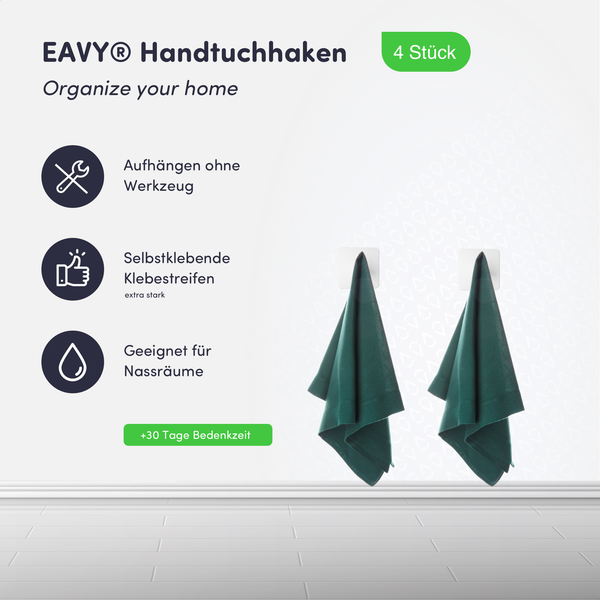 EAVY Handtuchhaken im 4er-Pack, selbstklebend ohne Werkzeug, für Nassräume geeignet.