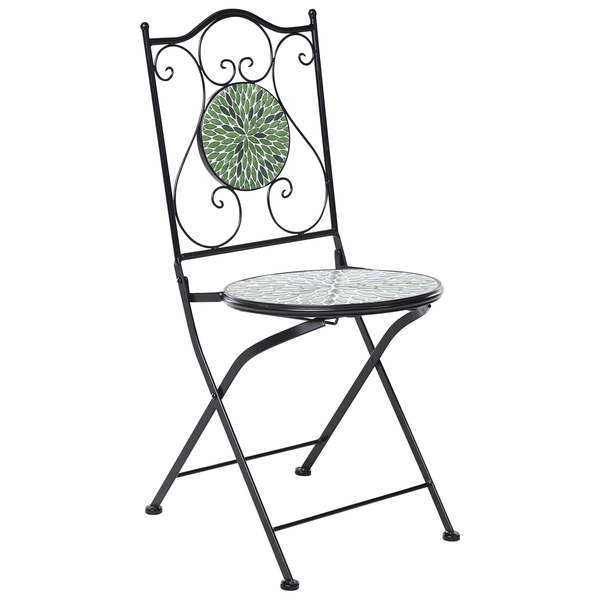 Klappstuhl aus Metall in Schwarz mit Mosaik-Sitzfläche und Rückenlehne in Grün und Weiß, Bistro-Stil.