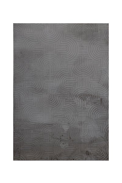 Rechteckiger Teppich mit geometrischem Bogenmuster.