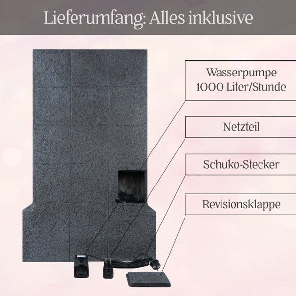 Lieferumfang Gartenbrunnen mit Wasserpumpe 1000 Liter pro Stunde, Netzteil, Schuko-Stecker und Revisionsklappe.