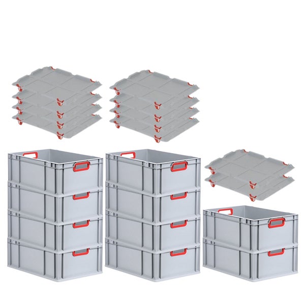 PROREGAL Spar Set 10x Eurobox Nextgen Color Mit Auflagedeckel & Schiebeschnappverschlüsse HxBxT 22 x 40 x 60 cm Griffe Rot Offen Verstärkter Boden