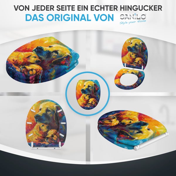 Sanilo WC Sitz mit buntem Hunde Motiv, aus hochwertigem Material mit Absenkautomatik, für verschiedene Blickwinkel dargestellt.