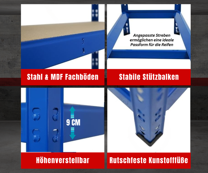Reifenregal mit Stahl- und MDF-Fachböden, stabilen Stützbalken, 9 Zentimeter Höhenverstellung und rutschfesten Kunststofffüßen.