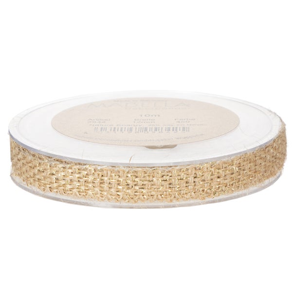 Dekoband aus Jute mit metallischen Faeden, 10 Meter Laenge, 12 Millimeter Breite, auf Kunststoffspule.