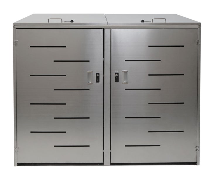 Doppelter Mülltonnenbox aus Metall mit Schloss und horizontalen Schlitzen