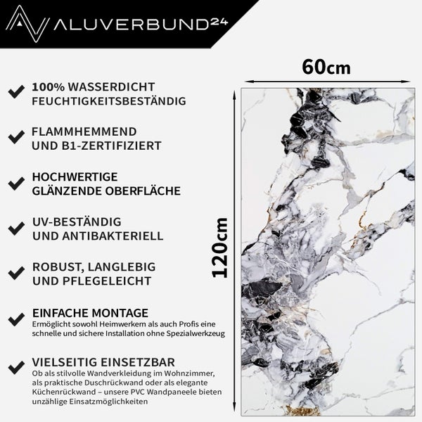 Aluverbund24 Logo. PVC-Wandpaneel mit Marmoroptik, 60 x 120 cm. Produkteigenschaften: wasserdicht, feuchtigkeitsbeständig, schwer entflammbar, B1-zertifiziert, glänzende Oberfläche, UV-beständig, antibakteriell, robust, langlebig, pflegeleicht, einfache Montage, vielseitig einsetzbar.