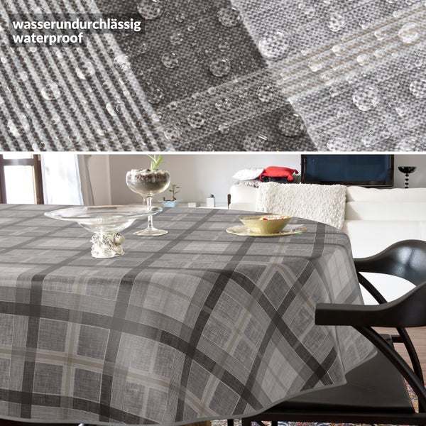 Tischdecke mit wasserabweisender Oberfläche und Karomuster in Grau auf einem Esstisch
