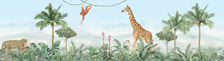 Illustration einer Dschungelszene mit Leopard, Affe, Giraffe und Tukan