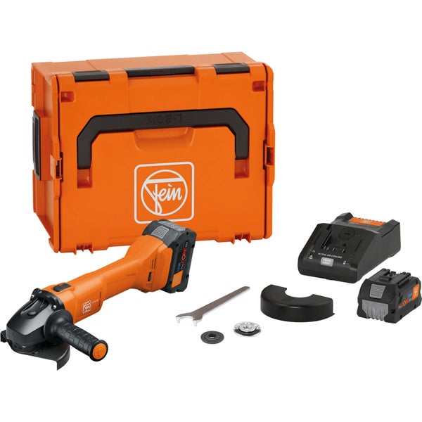 Fein Akku-Winkelschleifer CCG 18 mit bürstenlosem Motor, Zusatzhandgriff und Trennscheibe.