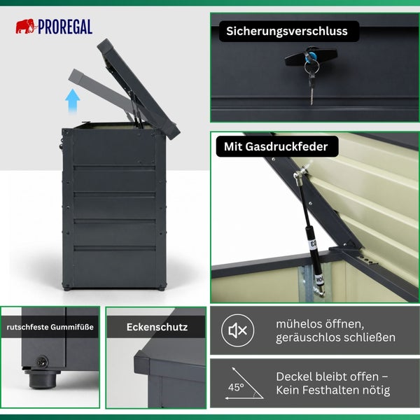 Proregal Logo, Gartenbox mit Sicherheitsverschluss, Gasdruckfeder, rutschfesten Gummifüßen und Eckenschutz. Deckel hält bei 45 Grad offen.