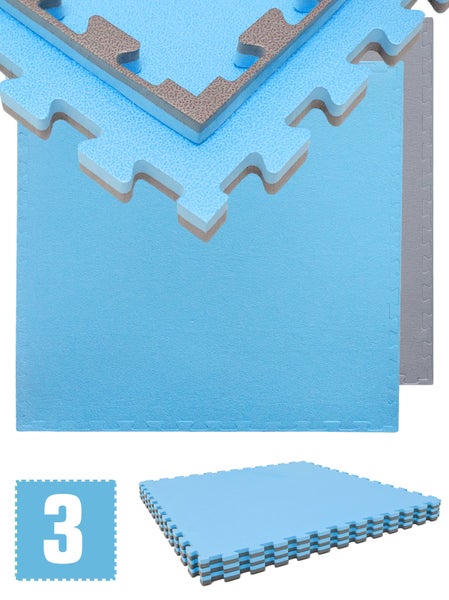 2.4qm Profi Fitnessmatte - 3er Set 90x90x2cm Bodenschutzmatte für Fitnessgeräte Grau Blau