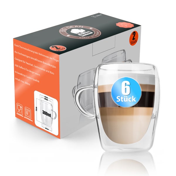 Doppelwandiges Kaffeeglas aus Borosilikatglas mit Henkel, Fassungsvermögen 300 Milliliter, inklusive Produktverpackung von Big Dean.