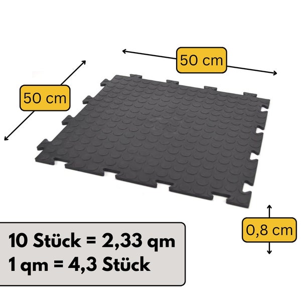 Schwarze Bodenfliese mit Noppen, 50 mal 50 Zentimeter, Stärke 0,8 Zentimeter. 10 Stück ergeben 2,33 Quadratmeter, 1 Quadratmeter sind 4,3 Stück.