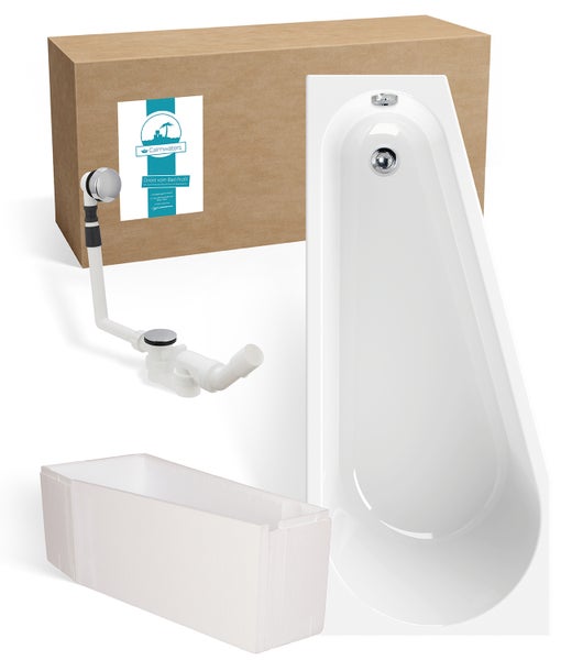 Badewannen-Set mit asymmetrischer Badewanne, Wannenträger aus Polystyrol, Ablaufgarnitur und Karton mit Calmwaters Logo.