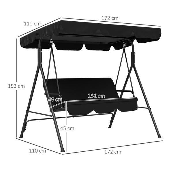 Outsunny Hollywoodschaukel mit verstellbarem Sonnendach, 3-Sitzer Gartenschaukel mit Anti-Rutsch-Füßen, wasserabweisend Schaukelbank belastbar bis 200 kg, für Garten, 172x110x153cm, Schwarz