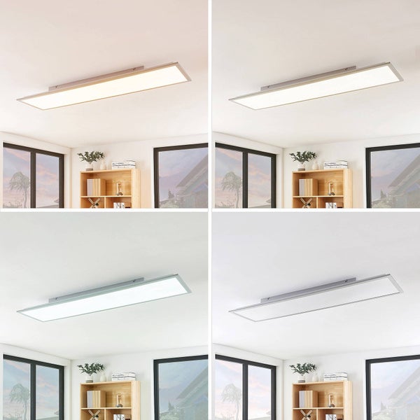 Modernes rechteckiges LED-Panel als Deckenleuchte in einem hellen Raum mit Holzregal, dargestellt in vier Farbtemperaturen von warm bis kalt.