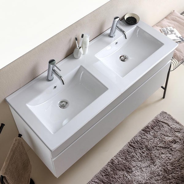 1200 mm Möbel-Set mit Doppelwaschtisch und Unterschrank in Holzoptik Eiche grau | Sole