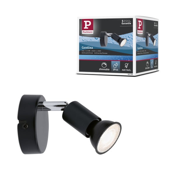 Technische Zeichnung und Produktmerkmale eines dreiteiligen Deckeneinbauleuchten Sets, Schutzart IP44, drei Dimmstufen, rostfreies Aluminium.