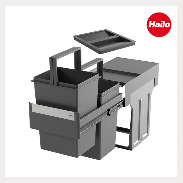 Hailo Abfalltrennsystem für Einbau-Küchenschränke mit ausziehbaren Mülleimern und Deckel. Hailo Logo.