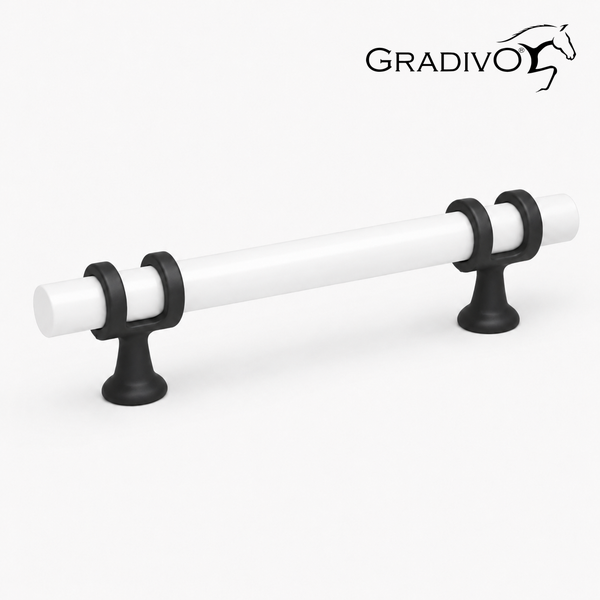 Möbelgriff mit weißem Stab und schwarzen Halterungen; Gradivo Logo.