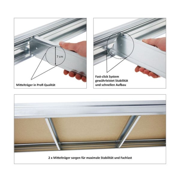 Detailansicht eines Metallregalsystems mit Mittelträgern für Stabilität und Lastverteilung, inklusive Maßangabe von 7 cm