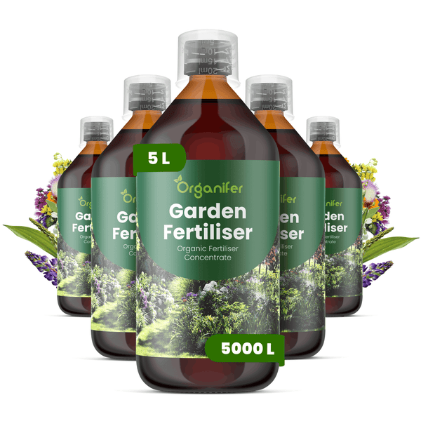 Fünf Flaschen Organifer Garten-Dünger, organisches Flüssigdünger-Konzentrat, 5 Liter.