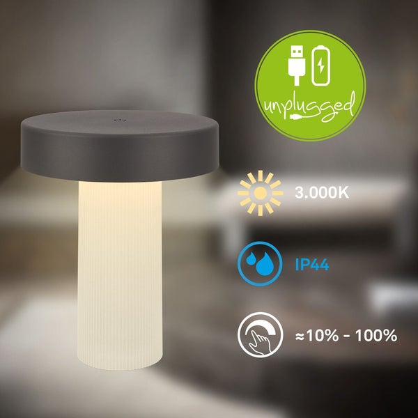 Akkubetriebene LED Tischleuchte, USB aufladbar, 3000 Kelvin warmweißes Licht, dimmbar von 10 bis 100 Prozent, Schutzart IP44.