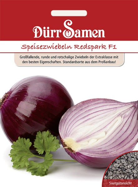 Dürr Samen Logo, Saatgut für Speisezwiebeln Redspark F1, Abbildung einer ganzen und einer halbierten roten Zwiebel sowie einer Saatgutansicht.