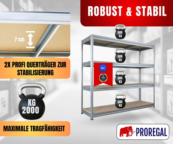 PROREGAL Logo. Regal mit 4 Böden und Querträgern. Traglast 500 Kilogramm pro Boden, gesamt 2000 Kilogramm. Gefertigt in der Europäischen Union.