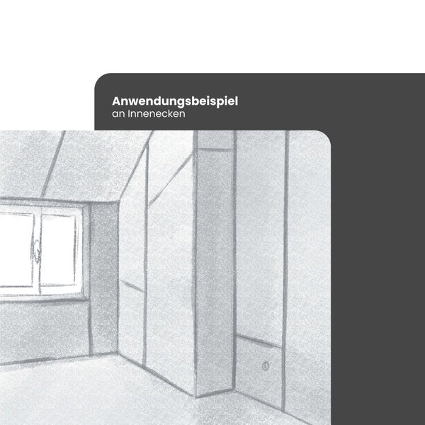 Skizze eines Anwendungsbeispiels für die Montage von Wandbelägen an Innenecken in einem Raum mit Fenster.