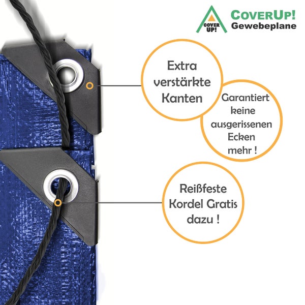 CoverUp! 2x3m Abdeckplane Wasserdicht - Farbe: Blau, 120g/m², Gewebeplane mit ösen, Verstärkte Gummiecken - Plane Wasserdicht UV-Schutz für Gartenmöbel, Bauplane, zeltplane inkl 12m Seil, 2x3