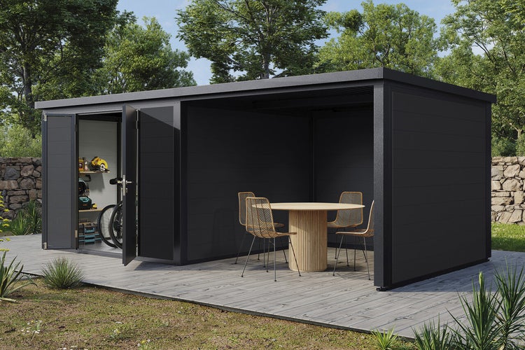 Modernes Gartenhaus mit kombiniertem Geräteschuppen und offener Überdachung mit Sitzbereich auf einer Terrasse im Garten