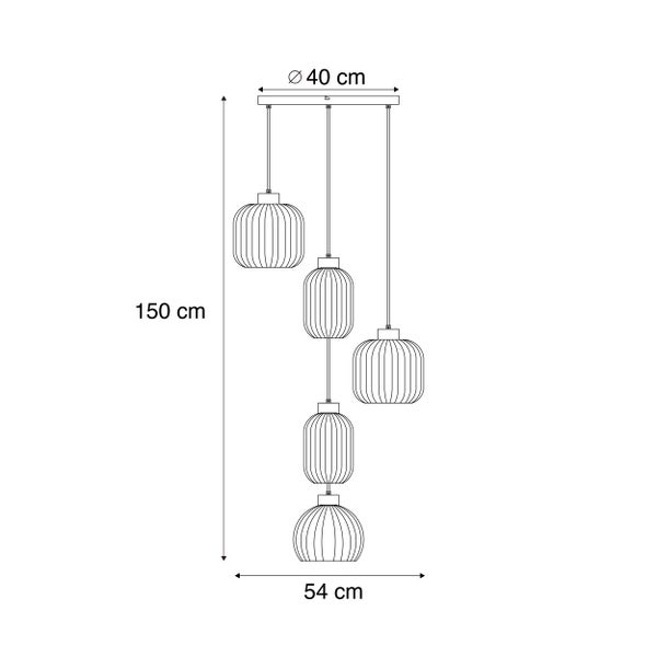 Maßzeichnung einer Pendelleuchte mit fünf gerippten Schirmen. Durchmesser 40 Zentimeter, Breite 54 Zentimeter, maximale Höhe 150 Zentimeter.