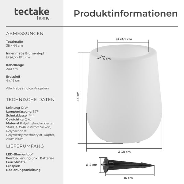 LED-Blumentopf tectake Luminous Courve Pot 38 x 44 cm, inkl. Erdspieß und 3 Standfüße als Blumentopf mit LED-Beleuchtung, 12 W weiß