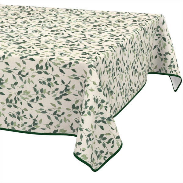 Rechteckige Tischdecke aus Stoff mit grünem Blättermuster und grünem Saum.