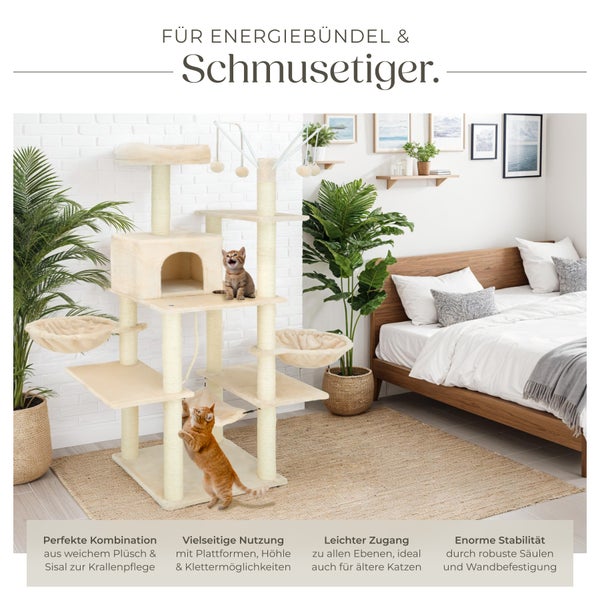 Katzenkratzbaum mit Plattformen, Höhle und Kratzsäulen in einem hellen Raum.