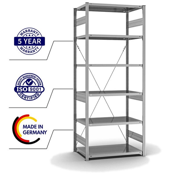 PROREGAL Fachbodenregal Stecksystem T-Profil Heavy-Duty Grundregal HxBxT 250 x 100 x 60 cm 6 Ebenen Fachlast 330 kg Einseitig Nutzbar Verzinkt