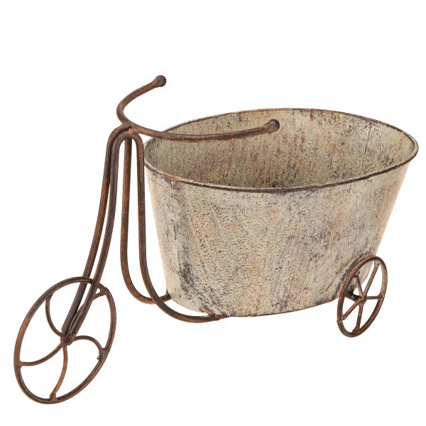 Dekorativer Pflanztopf in Form eines Dreirads aus Metall.